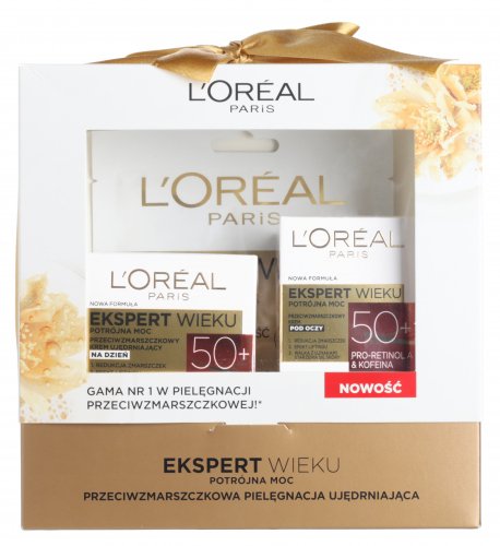 L'Oréal - EKSPERT WIEKU - Zestaw prezentowy kosmetyków do pielęgnacji twarzy - Krem Potrójna Moc 50+ na dzień + Potrójna moc 50+ Krem pod oczy + Maska w płacie