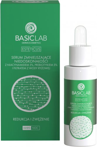 BASICLAB - ESTETICUS - Serum zmniejszające niedoskonałości z niacynamidem 5%, prebiotykiem 5% i filtrem z wody różowej - Redukcja i zwężenie - Dzień/Noc - 30 ml