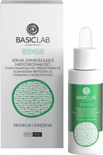 BASICLAB - ESTETICUS - Serum zmniejszające niedoskonałości z niacynamidem 10%, prebiotykiem 5%, kompleksem peptydów 2% i filtratem z wody ryżowej- Redukcja i zwężenie - Dzień/Noc - 30 ml