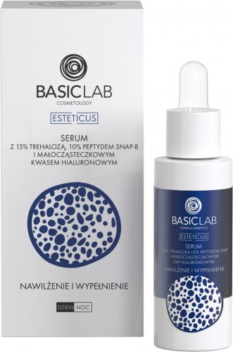 BASICLAB - ESTETICUS - Serum z 15% trehalozą, 10% peptydami snap-8 i małocząsteczkowym kwasem hialuronowym - Nawilżenie i wypełnienie - Dzień/Noc - 30 ml