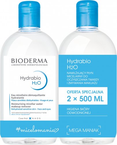 BIODERMA - Hydrabio H2O - Moisturizing Micellar Water Makeup Remover - Set of 2 moisturizing micellar lotions for cleansing and make-up removal - 2x500 ml