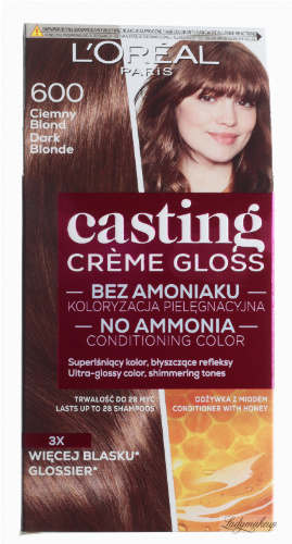 L Oreal Casting Creme Gloss Caring Color Without Ammonia 600 Dark Blonde A no ammonia conditioning hair colorant that gives your hair visible shimmering tones, glossy shine and blends away grey. l oreal casting creme gloss caring color without ammonia 600 dark blonde
