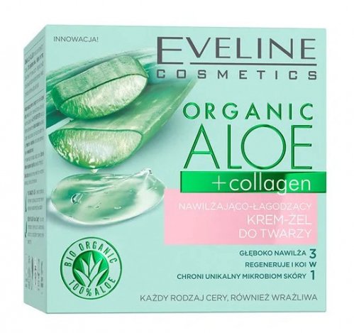 Eveline Cosmetics - Organic Aloe + Collagen - Moisturizing And Soothing Face Cream-Gel - Nawilżająco-łagodzący krem-żel do twarzy - 50 ml 