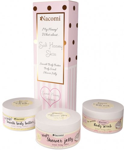 Nacomi - Soft Honey Skin - Set of cosmetics for washing and body care - Body Jelly 100 g + Peeling 125 g + Body Butter 100 g - Honey Waffles