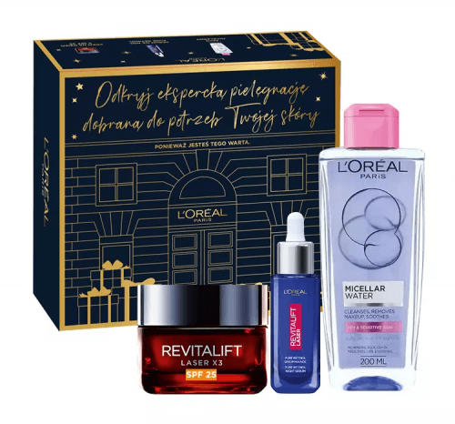 L'Oréal - Revitalift Laser X3 - Zestaw prezentowy do pielęgnacji skóry dojrzałej - Krem do twarzy na dzień 50 ml + Serum na noc 30 ml + Płyn micelarny 200 ml