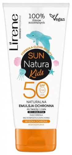Lirene - Sun Natura Kids - Naturalna wodoodporna emulsja ochronna do twarzy i ciała dla dzieci - SPF 50 - 100 ml