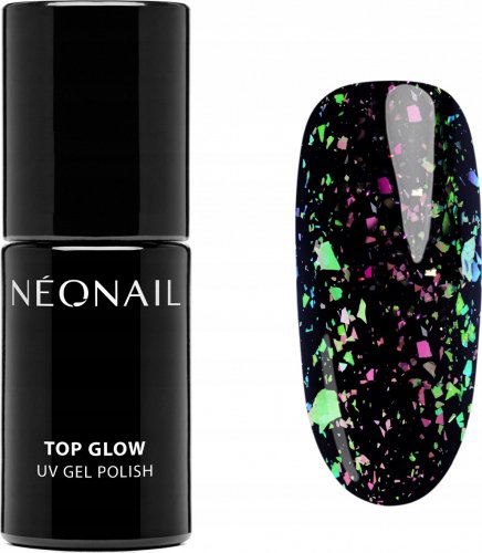 NeoNail - TOP GLOW - UV Gel Polish - Top nawierzchniowy z błyszczącymi drobinkami - 7,2 ml - TOP GLOW LIME AURORA FLAKES - 9904-7