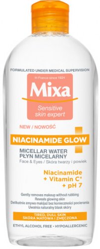 Mixa - MICELLAR WATER - NIACYNAMINE GLOW - Płyn micelarny do skóry zmęczonej i matowej - Niacynami + Wit. C - 400 ml