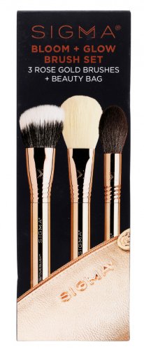 Sigma - BLOOM + GLOW BRUSH SET - 3 Rose Gold Brushes + Beauty Bag - Set of 3 makeup brushes + Cosmetic bag