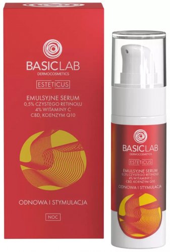BASICLAB - ESTETICUS - Emulsion serum with 0.5% pure retinol, 4% vitamin C, CBD and coenzyme Q10 - Renewal and Stimulation - Night - 30 ml