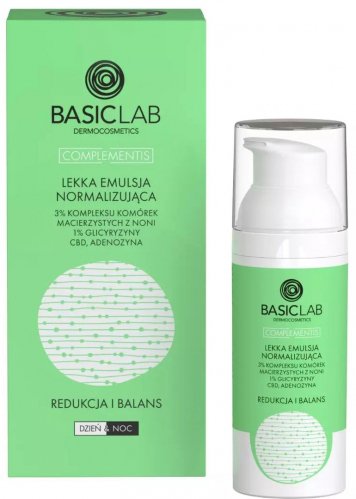 BASICLAB - COMPLEMENTIS - Light normalizing emulsion with 3% stem cell complex with noni, 1% glycyrrhizin, CBD and adenosine - Reduction and Balance - Day/Night - 50 ml