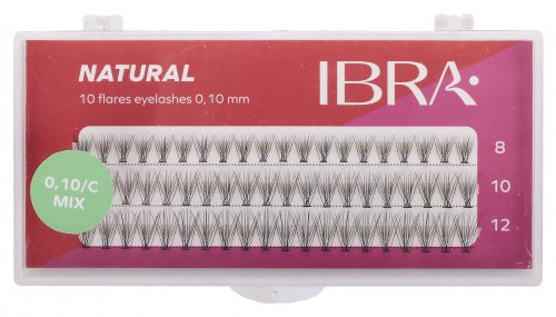 Ibra - "NATURAL" FLARES EYELASH - KNOT-FREE - Kępki sztucznych rzęs - 10D/ 0.10/ C / MIX (8 mm, 10 mm, 12 mm)
