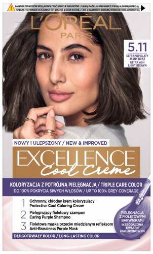 L'Oréal - EXCELLENCE Cool Creme - 5.11 Ultra Ash Light Brown - Kremowa koloryzacja o zaawansowanej, potrójnej ochronie - Ultrapopielaty Jasny Brąz