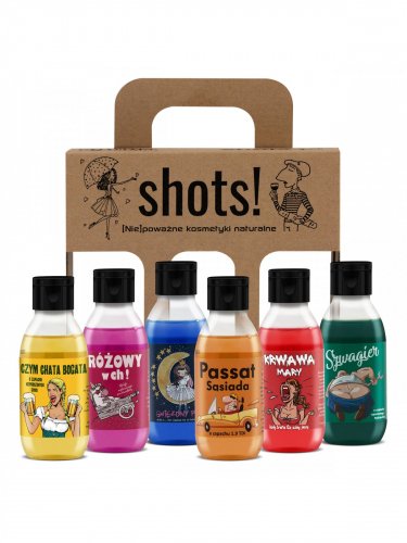 LaQ - SHOTS! - Czyściopak Sześciopak - Zestaw 6 mini żeli pod prysznic - 1 x Różowy w Ch! 100 ml + 1 x Szwagier 100 ml + 1 x Passat Sąsiada 100 ml + 1 x Gwiezdny Pył 100 ml + 1 x Czym Chata Bogata 100 ml + 1 x Krwawa Mary 100 ml 