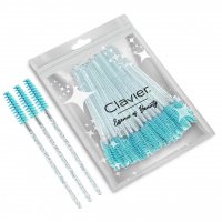 Clavier - Crystal Brushes for Eyelashes - Jednorazowe szczoteczki do rzęs i brwi - Brokatowe turkusowe - 50 sztuk