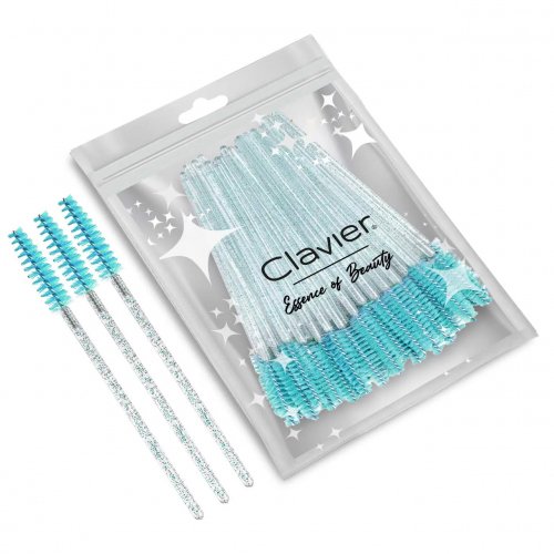 Clavier - Crystal Brushes for Eyelashes - Jednorazowe szczoteczki do rzęs i brwi - Brokatowe turkusowe - 50 sztuk