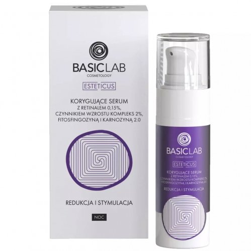 BASICLAB - ESTETICUS - Corrective Serum - Korygujące serum z retinalem 0,15%, czynnikiem wzrostu kompleks 2%, fitosfingozyną i karnozyną 2.0 - Redukcja i stymulacja - Noc - 30 ml