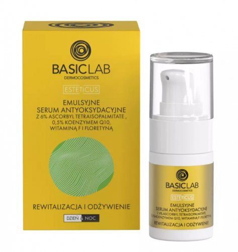 BASICLAB - ESTETICUS - Emulsion Antioxidant Serum - Emulsyjne serum antyoksydacyjne z 6% ascorbyl tetraisopalmitate, 0,5 koenzymem Q10, witaminą F i floretyną - Rewitalizacja i odżywienie - Dzień & Noc - 15 ml