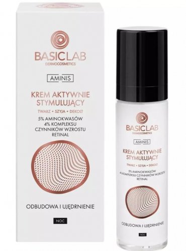 BASICLAB - AMINIS - Actively Stimulating Face Cream - Aktywnie stymulujący krem do twarzy z 5% aminokwasów, 4% kompleksu czynników wzrostu oraz retinalu - Odbudowa i ujędrnienie - Noc - 50 ml    
