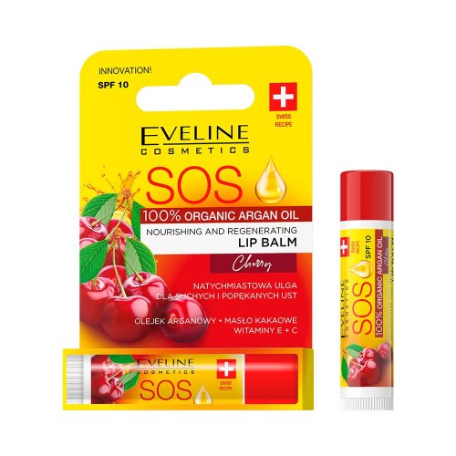 Eveline Cosmetics - SOS ARGAN OIL - NOURISHING AND REGENERATING LIP BALM - Odżywczo-regenerujący balsam do ust w sztyfcie SPF10 - Cherry