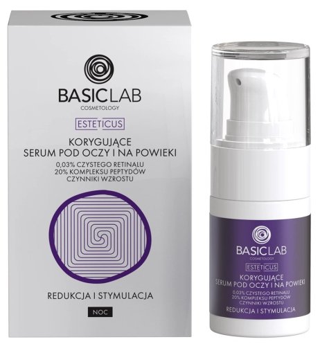 BASICLAB - ESTETICUS - Corrective Eye Serum - Korygujące serum pod oczy i na powieki 0,03% czystego retinalu, 20% kompleksu peptydów, czynniki wzrostu - Redukcja i stymulacja - Noc - 15 ml