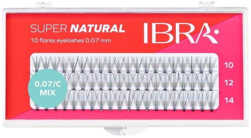 Ibra - "SUPER NATURAL" FLARES EYELASH - KNOT-FREE - Kępki sztucznych rzęs - 10D/ 0.07/ C/ MIX (10mm/ 12mm / 14mm)