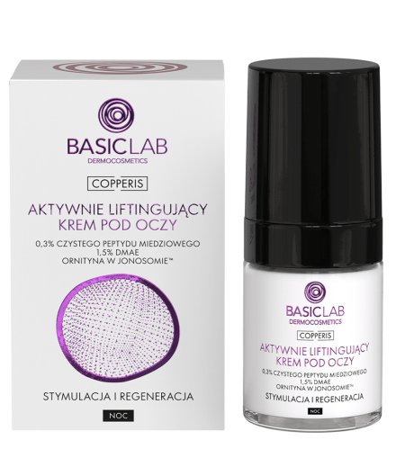 BASICLAB - COPPERIS - Active Lifting Eye Cream - Aktywnie liftingujący krem pod oczy - 0,3% peptydu miedziowego, 1,5% DMAE Ornityna - Noc - 18 ml 