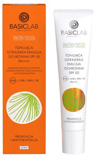 BASICLAB - PROTECTICUS - Tinted Ultralight Protective Emulsion SPF50 PA++++ - Tonująca ultralekka emulsja ochrona - Prewencja i Antyoksydacja - 40 ml 