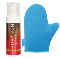 AURA SUN - Zestaw do samoopalania - Rękawica + Pianka brązująca o zapachu truskawki - Dark 150 ml