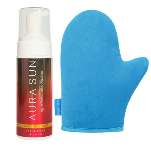AURA SUN - Zestaw do samoopalania - Rękawica + Pianka brązująca o zapachu truskawki -  Extra Dark 150 ml