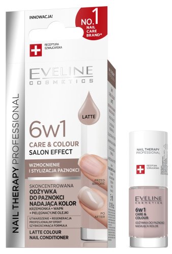 Eveline Cosmetics - NAIL THERAPY PROFESSIONAL - Care & Colour Salon Effect Nail Conditioner - Skoncentrowana, koloryzująca odżywka wzmacniająca do paznokci 6w1 - Latte - 5 ml 