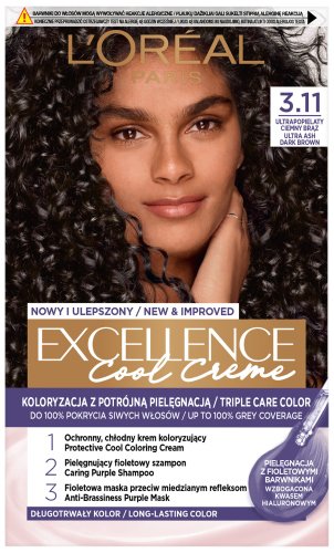 L'Oréal - EXCELLENCE Cool Creme - 3.11 Ultra Ash Dark Brown - Cream Coloring with Advanced, Triple Protection