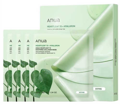 ANUA - Heartleaf 70 + Hyaluron - Soothing Collagen Mask - Zestaw 4 masek do twarzy z kolagenem - 4 x 38 g