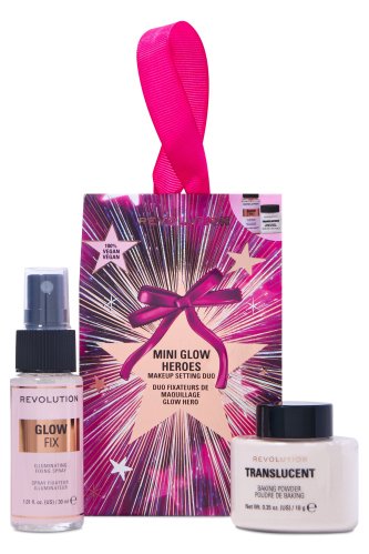 MAKEUP REVOLUTION - Mini Glow Heroes - Makeup Setting Duo - Zestaw prezentowy do makijażu twarzy - Rozświetlający utrwalacz 30 ml + Puder transparentny 10 g