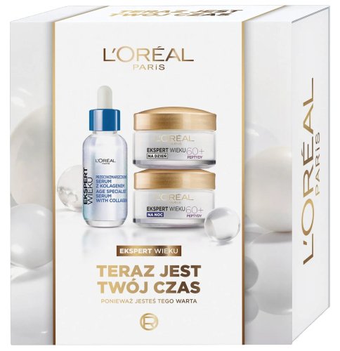 L'Oréal - Ekspert Wieku - Zestaw prezentowy do pielęgnacji skóry dojrzałej - Krem do twarzy 60+ na dzień 50 ml + Krem do twarzy 60+ na noc 50 ml + Serum z kolagenem 30 ml