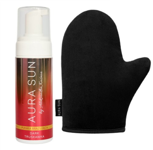 AURA SUN - Zestaw do samoopalania - Rękawica + Pianka brązująca o zapachu truskawki - Dark - 150 ml