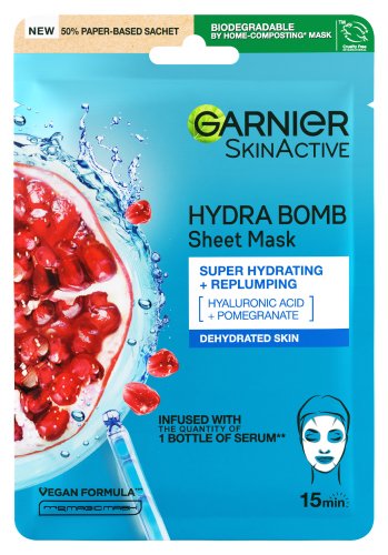 GARNIER - HYDRA BOMB Sheet Mask SUPER HYDRATING & REPLUMPING - Intensively Moisturizing Face Mask - Pomegranate & Hyaluronic Acid