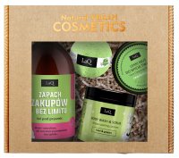 LaQ - Kiwi i Winogrona - Zestaw prezentowy dla kobiet - Żel pod prysznic 500 ml +  Myjący peeling cukrowy 220 g + Kula do kąpieli 120 g + Lekki mus do mycia twarzy 40 g