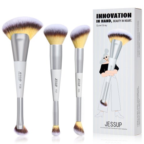 JESSUP - Innovation in Hand, Beauty in Heart - Pennello viso a doppia punta 6-in-3 - Set di 3 pennelli doppi per trucco - Quiet Grey - T521