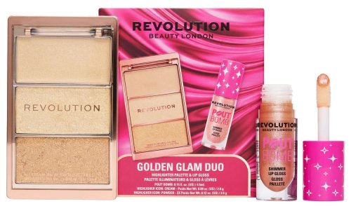REVOLUTION - Golden Glam Duo - Sada na líčení rtů a obličeje - Paleta rozjasňovačů 9,8 ml + Lesk na rty 4,5 ml