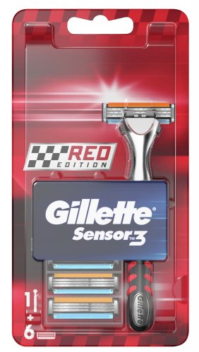 Gillette - Sensor3 Red Edition - Maszynka do golenia dla mężczyzn - Rączka + wkłady 6 szt