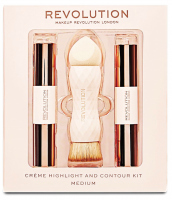 MAKEUP REVOLUTION - CREME HIGHLIGHT AND CONTOUR KIT- Kremowy zestaw do rozświetlania i konturowania twarzy + Dwustronny pędzel - MEDIUM 