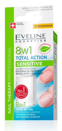 Eveline Cosmetics - NAIL THERAPY PROFFESSIONAL 8in1 Total Action Sensitive - Skoncentrowana odżywka do wrażliwych paznokci z kwarcem 