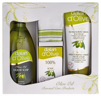 Dalan d`Olive - OLIVE OIL - Zestaw prezentowy kosmetyków pielęgnacyjnych -  Nawilżające mydło oliwkowe w płynie 400 ml + 100% mydło oliwkowe w kostce + Oliwkowy, nawilżający krem do ciała i rąk 75 ml