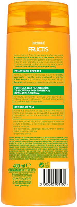 GARNIER - and brittle ml shampoo FRUCTIS 2in1 hair REPAIR OIL 400 - - for dry - 3 Strengthening