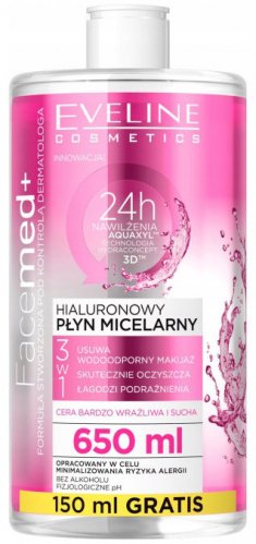Eveline Cosmetics - FaceMed+ 24h Nawilżenia Aquaxyl - Technologia Hydrakoncept 3D - Hialuronowy płyn micelarny 3w1 - 650 ml