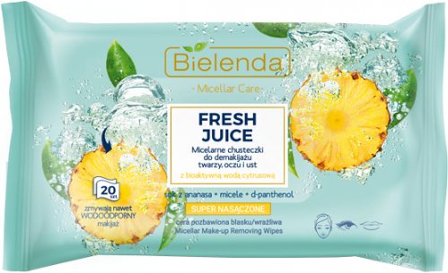 Bielenda - Micellar Care - Fresh Juice - Micelarne chusteczki do demakijażu twarzy, oczu i ust z bioaktywną wodą cytrusową - 20 szt. - ANANAS